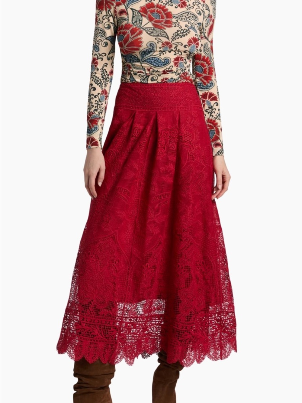 Farm Rio Red Boho Garden Guipure Lace Midi-Skirt - Picture 7 of 15